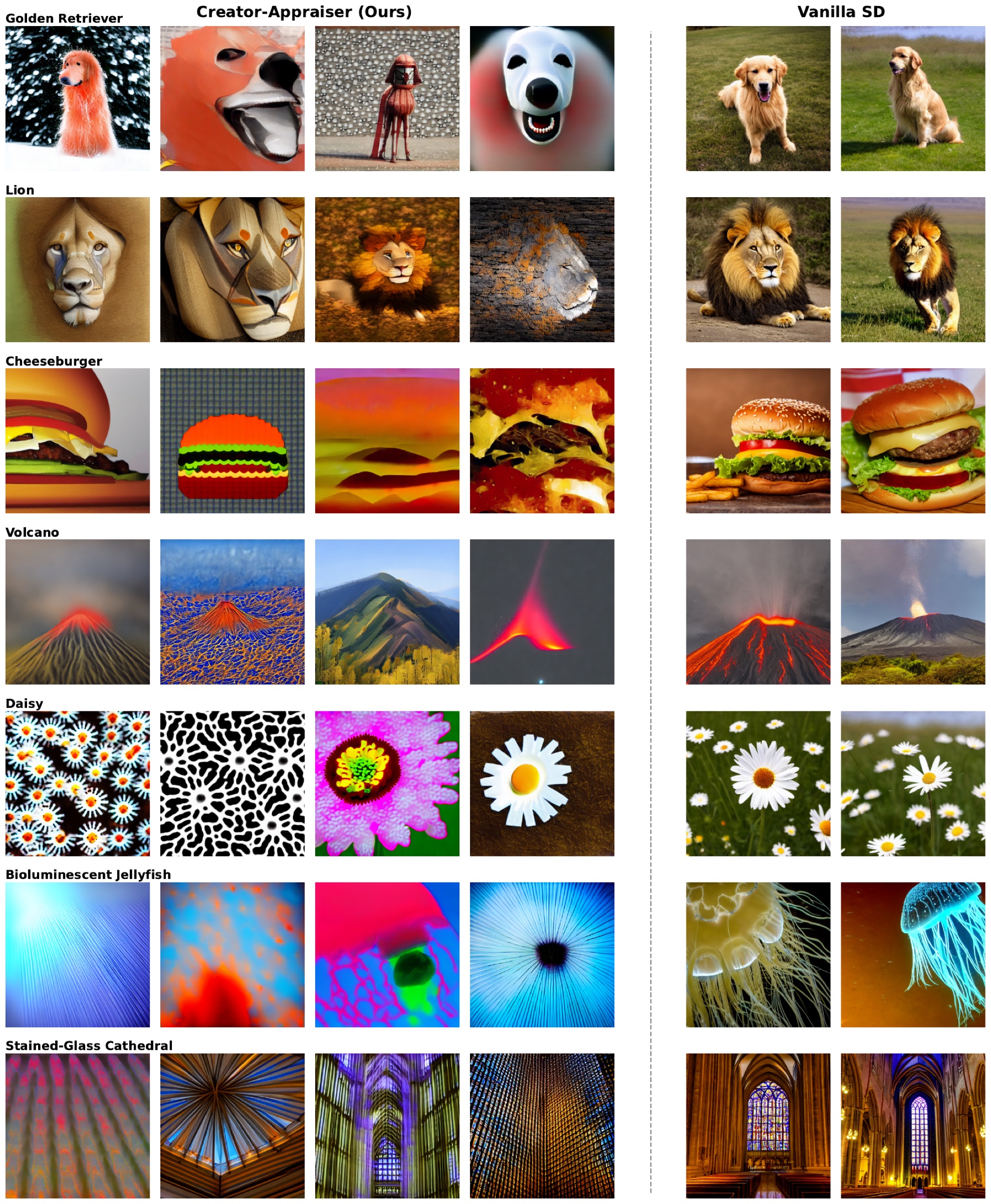 Curated outputs from the CLIP Appraiser (left four in each row) against vanilla Stable Diffusion (right two) for the same prompt.